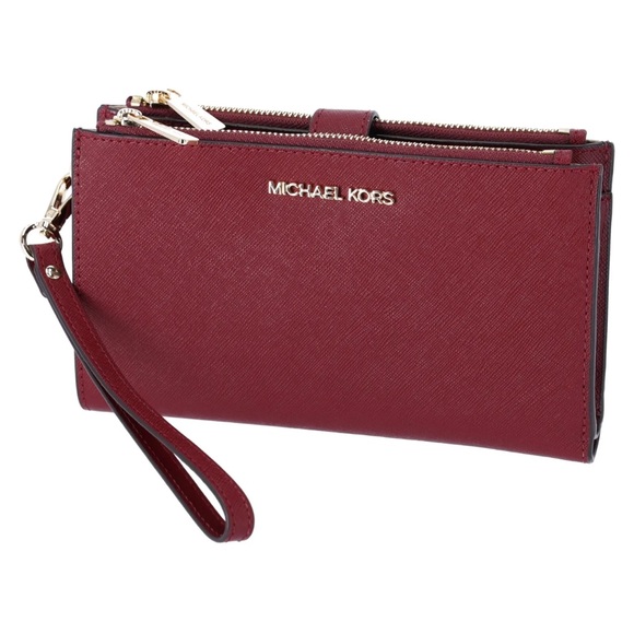 Michael Kors Jet Set Travel Large Double Zip Wristlet Phone Wallet Dark Cherry - Picture 1 of 6